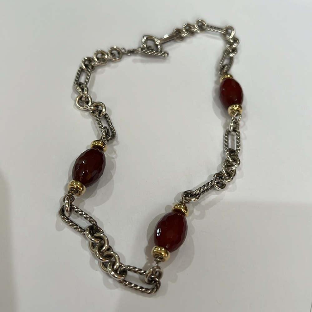 David Yurman Sterling Silver and 18 Karet Gold Carnelian Figaro link Necklace
